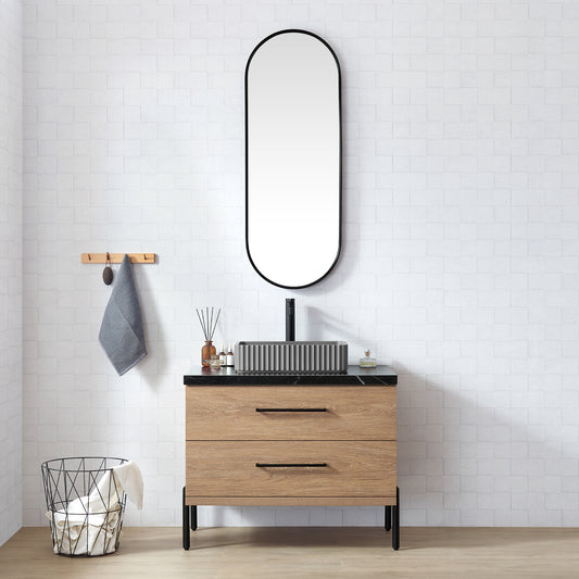 Trento 36A" Single Sink Bath Vanity in North American Oak with Black Sintered Stone Top and Rectangular Concrete Sink