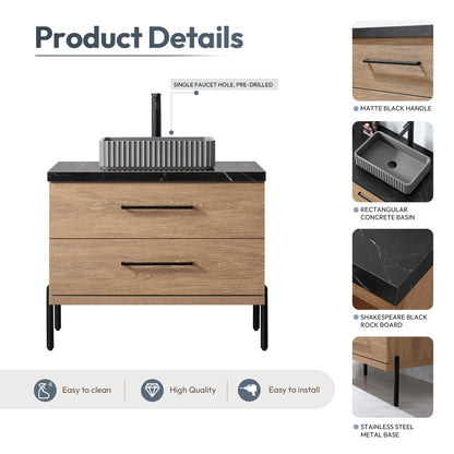 Trento 36A" Single Sink Bath Vanity in North American Oak with Black Sintered Stone Top and Rectangular Concrete Sink