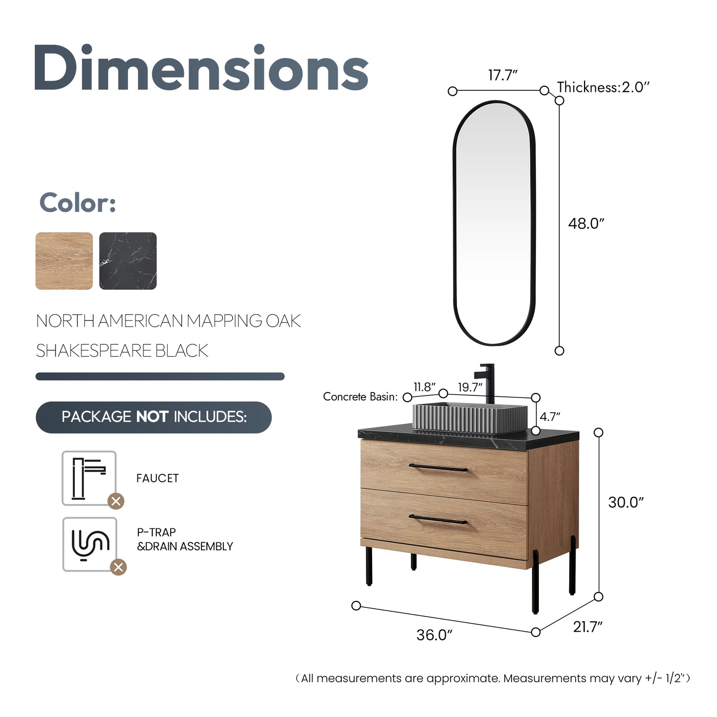 Trento 36A" Single Sink Bath Vanity in North American Oak with Black Sintered Stone Top and Rectangular Concrete Sink