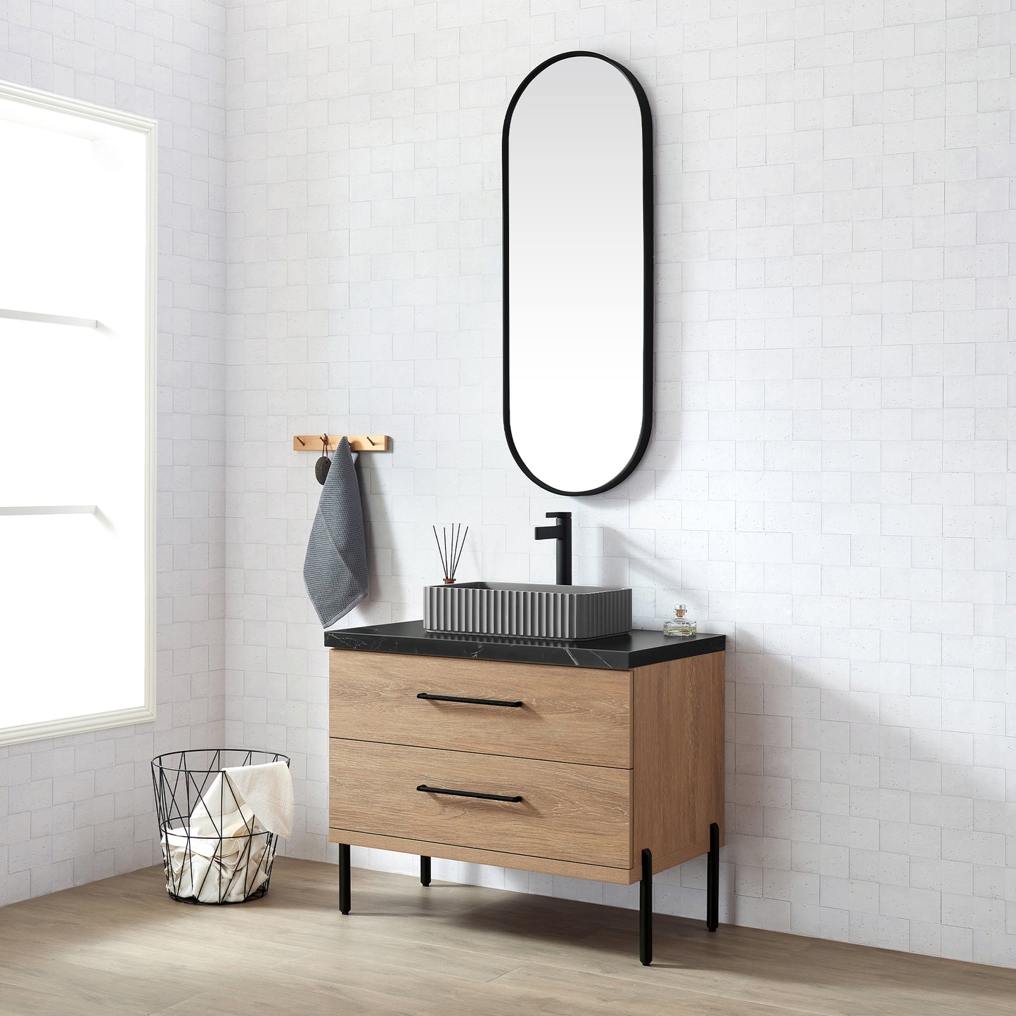 Trento 36A" Single Sink Bath Vanity in North American Oak with Black Sintered Stone Top and Rectangular Concrete Sink