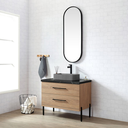 Trento 36A" Single Sink Bath Vanity in North American Oak with Black Sintered Stone Top and Rectangular Concrete Sink