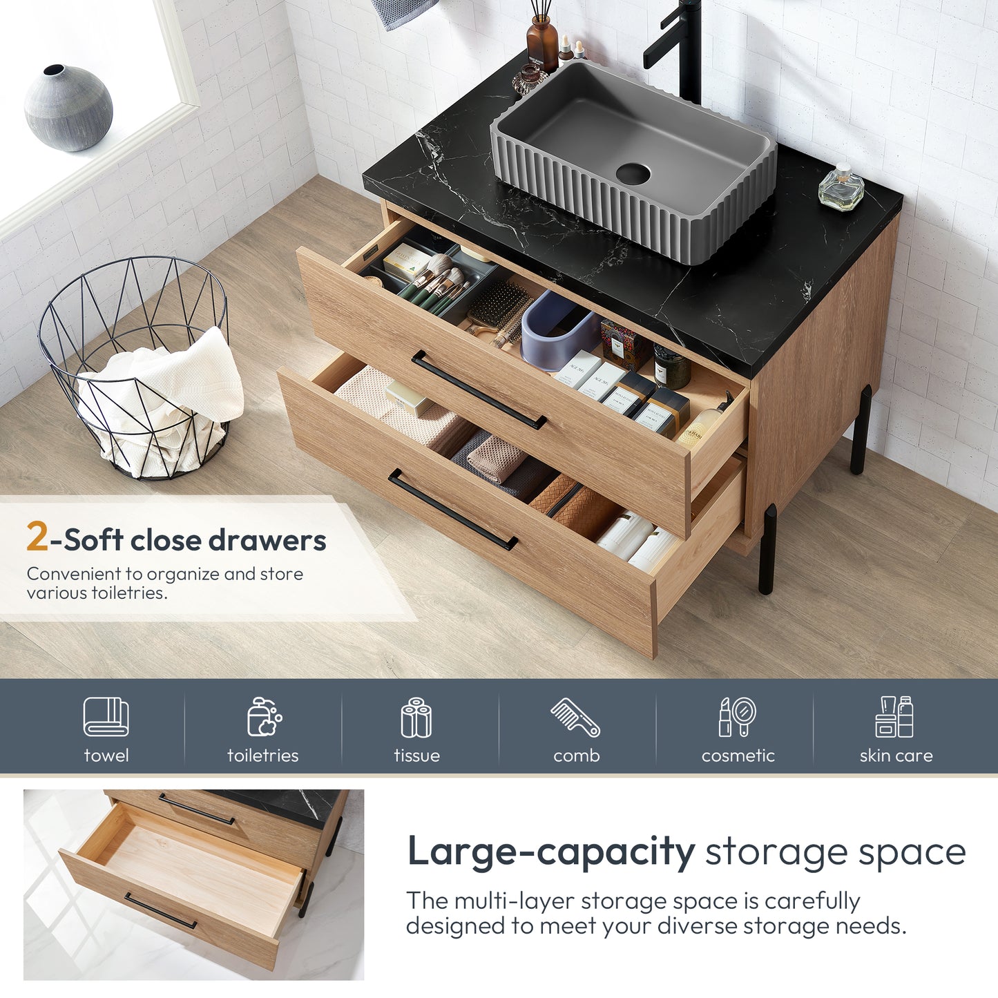 Trento 36A" Single Sink Bath Vanity in North American Oak with Black Sintered Stone Top and Rectangular Concrete Sink