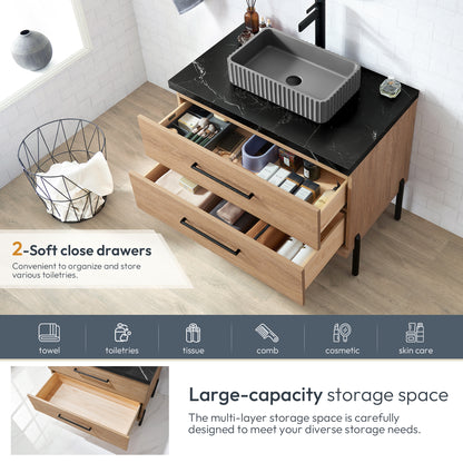 Trento 36A" Single Sink Bath Vanity in North American Oak with Black Sintered Stone Top and Rectangular Concrete Sink