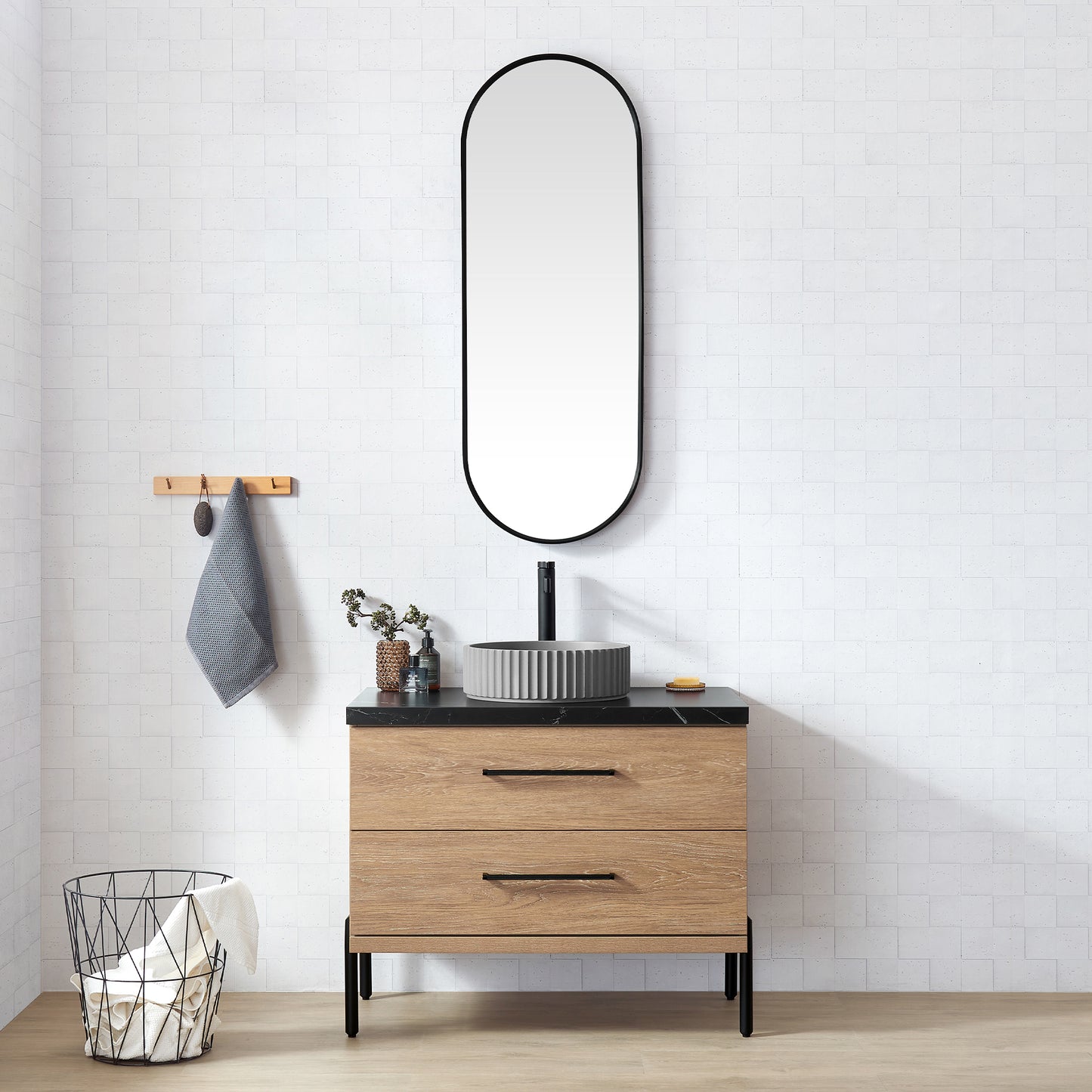 Trento 36B" Single Sink Bath Vanity in North American Oak with Black Sintered Stone Top and Circular Concrete Sink