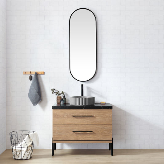 Trento 36B" Single Sink Bath Vanity in North American Oak with Black Sintered Stone Top and Circular Concrete Sink
