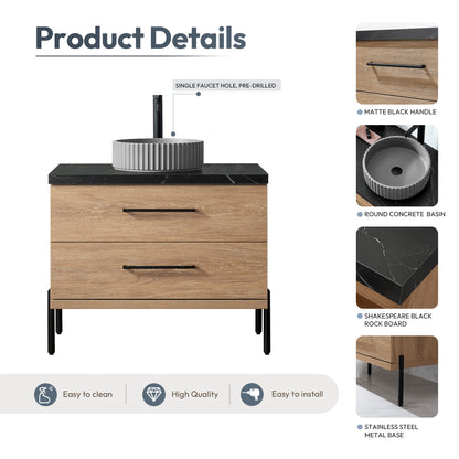 Trento 36B" Single Sink Bath Vanity in North American Oak with Black Sintered Stone Top and Circular Concrete Sink