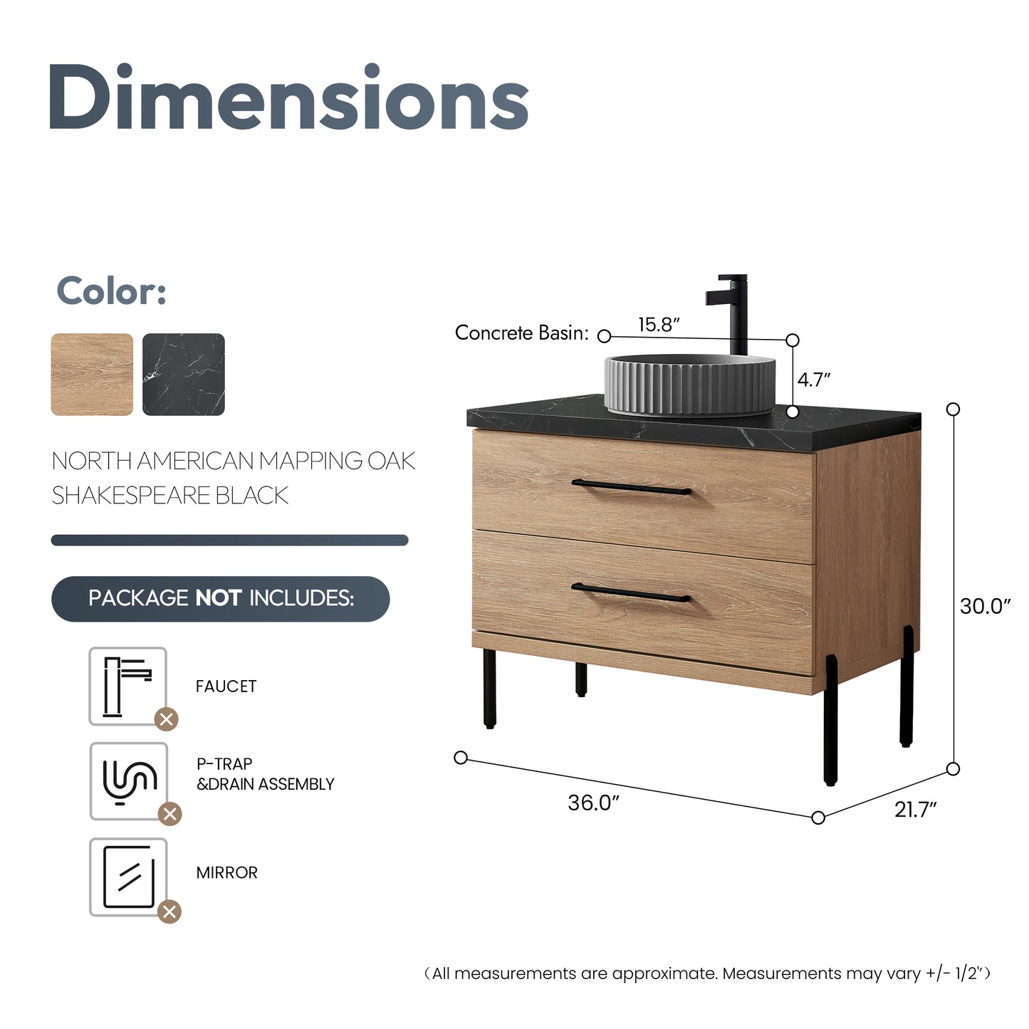 Trento 36B" Single Sink Bath Vanity in North American Oak with Black Sintered Stone Top and Circular Concrete Sink