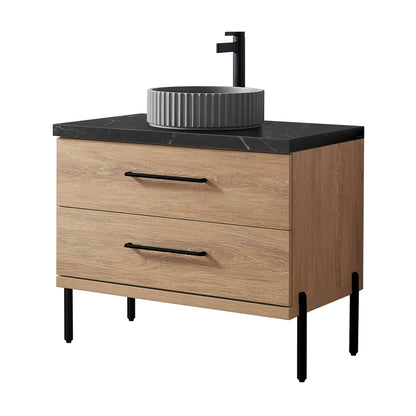 Trento 36B" Single Sink Bath Vanity in North American Oak with Black Sintered Stone Top and Circular Concrete Sink
