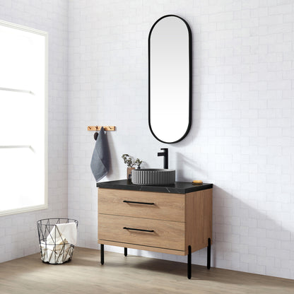 Trento 36B" Single Sink Bath Vanity in North American Oak with Black Sintered Stone Top and Circular Concrete Sink