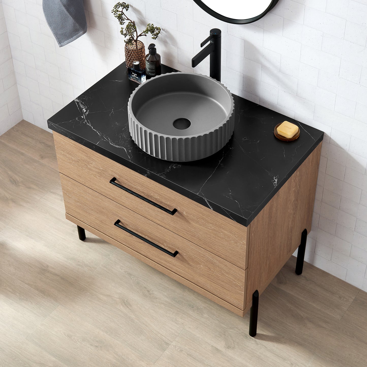 Trento 36B" Single Sink Bath Vanity in North American Oak with Black Sintered Stone Top and Circular Concrete Sink
