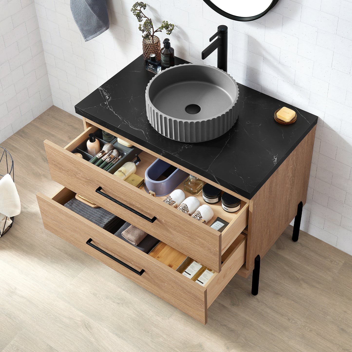 Trento 36B" Single Sink Bath Vanity in North American Oak with Black Sintered Stone Top and Circular Concrete Sink