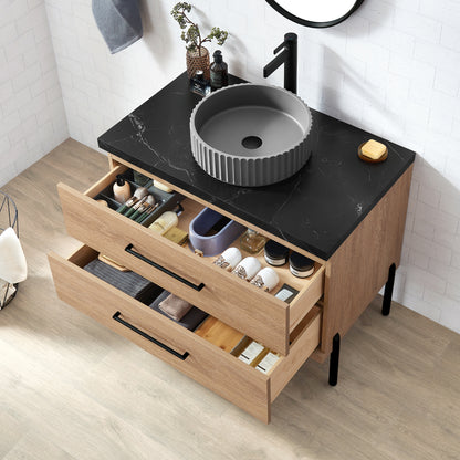 Trento 36B" Single Sink Bath Vanity in North American Oak with Black Sintered Stone Top and Circular Concrete Sink