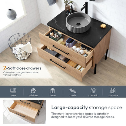 Trento 36B" Single Sink Bath Vanity in North American Oak with Black Sintered Stone Top and Circular Concrete Sink