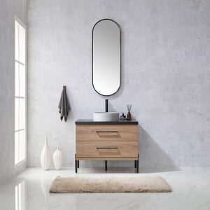 Open image in slideshow, Trento 36&quot; Single Vanity in North American Oak with Black Sintered Stone Top with Circular Concrete Sink
