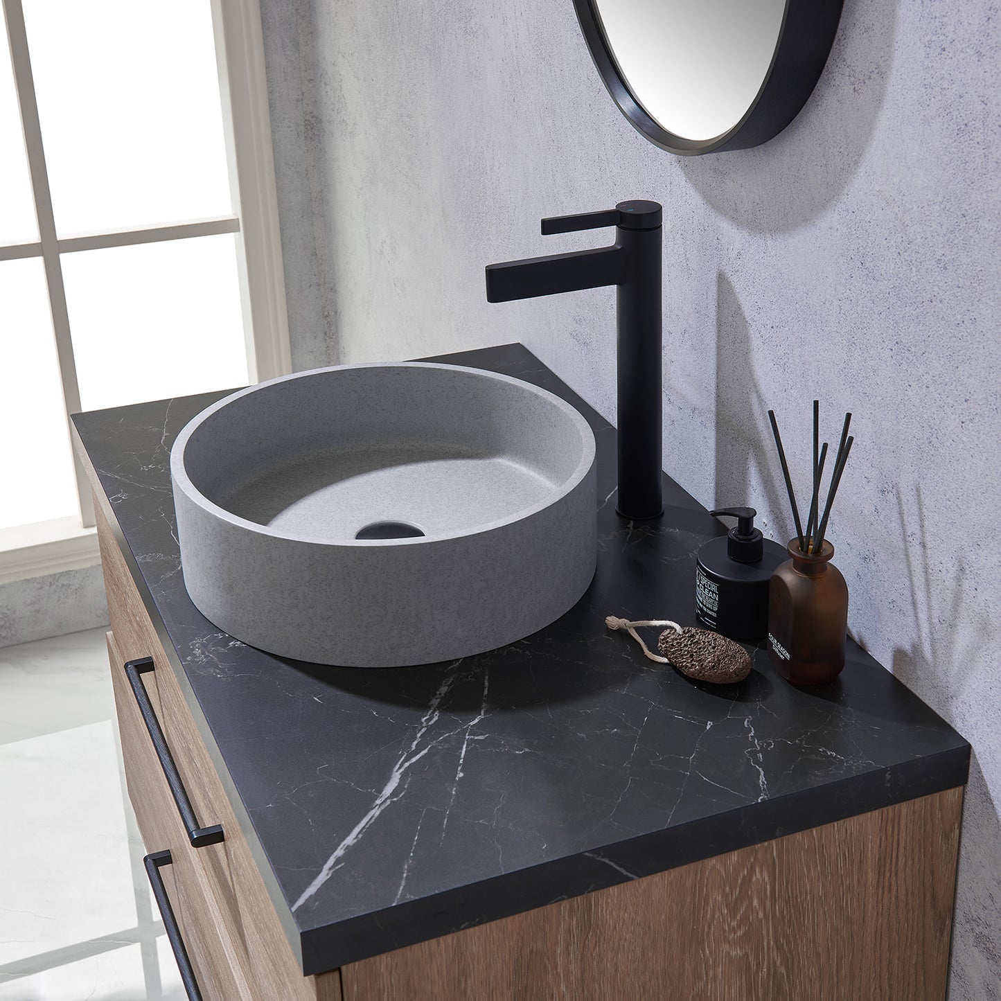 Trento 36" Single Vanity in North American Oak with Black Sintered Stone Top with Circular Concrete Sink