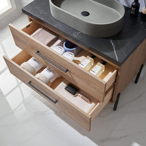 Trento 36" Single Vanity in North American Oak with Black Sintered Stone Top with Oval Concrete Sink