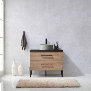 Open image in slideshow, Trento 36&quot; Single Vanity in North American Oak with Black Sintered Stone Top with Natural Circular Concrete Sink
