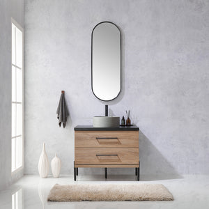 Open image in slideshow, Trento 36&quot; Single Vanity in North American Oak with Black Sintered Stone Top with Natural Circular Concrete Sink
