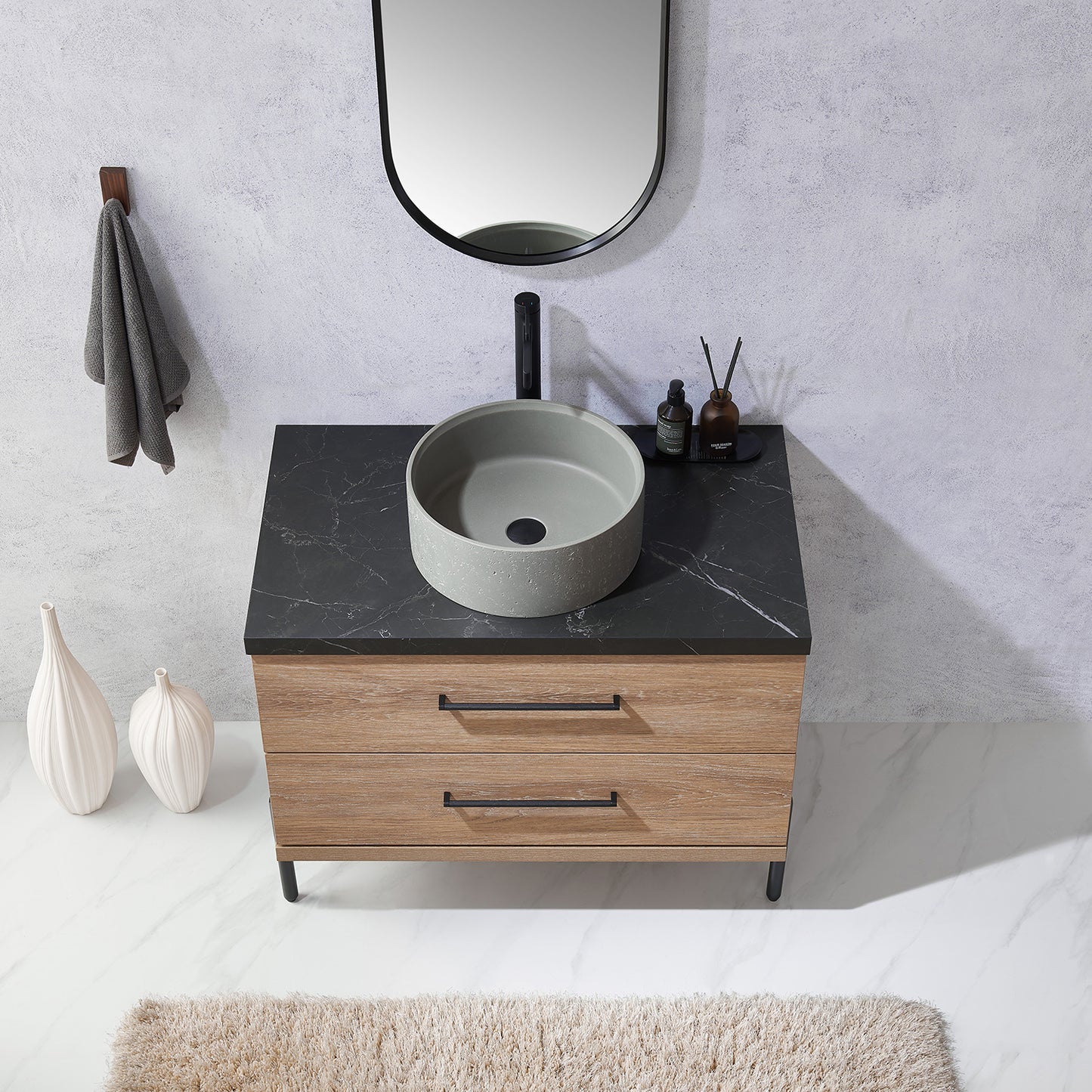 Trento 36" Single Vanity in North American Oak with Black Sintered Stone Top with Natural Circular Concrete Sink