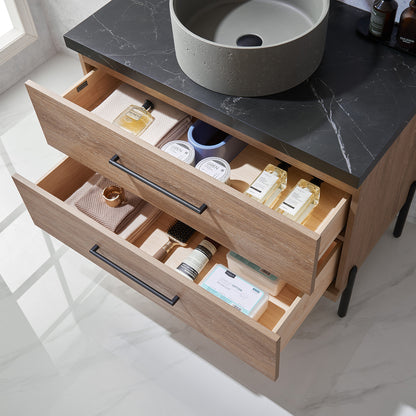 Trento 36" Single Vanity in North American Oak with Black Sintered Stone Top with Natural Circular Concrete Sink
