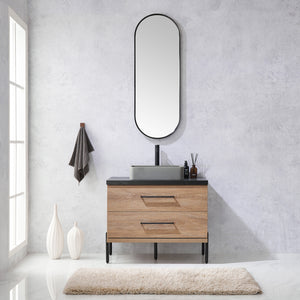 Open image in slideshow, Trento 36&quot; Single Vanity in North American Oak with Black Sintered Stone Top with Rectangular Concrete Sink
