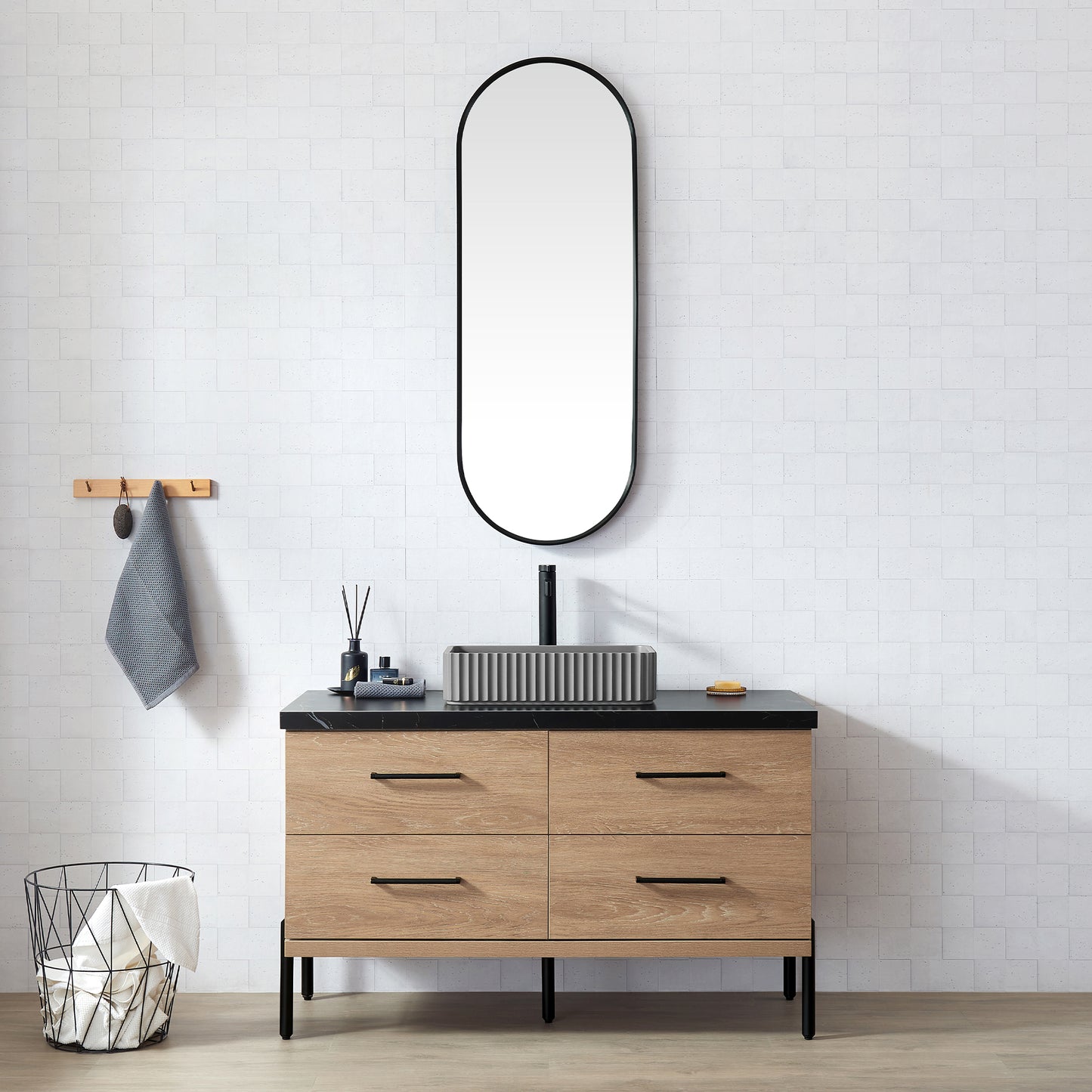 Trento 48A" Single Sink Bath Vanity in North American Oak with Black Sintered Stone Top and Rectangular Concrete Sink