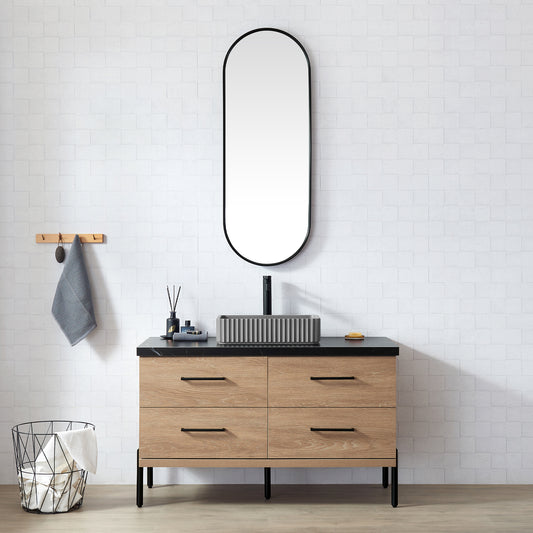 Trento 48A" Single Sink Bath Vanity in North American Oak with Black Sintered Stone Top and Rectangular Concrete Sink
