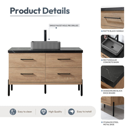 Trento 48A" Single Sink Bath Vanity in North American Oak with Black Sintered Stone Top and Rectangular Concrete Sink