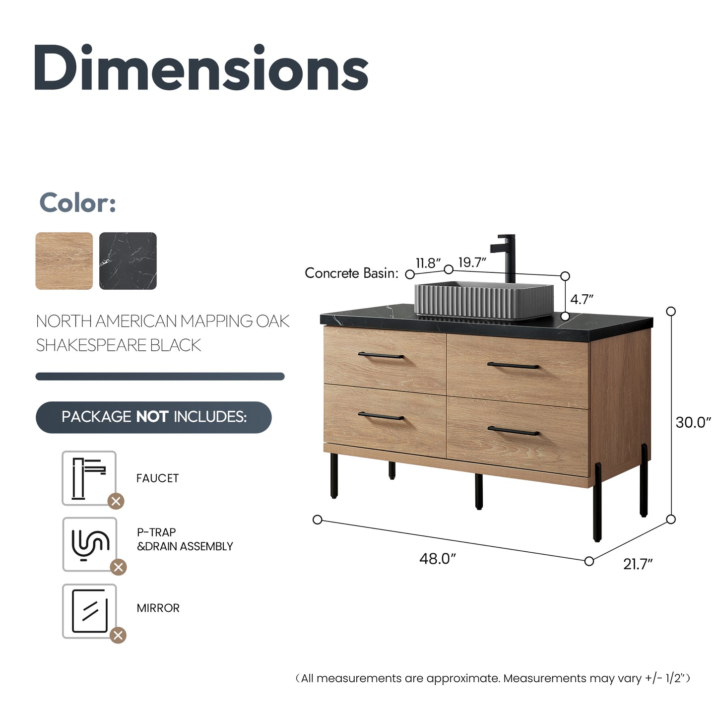 Trento 48A" Single Sink Bath Vanity in North American Oak with Black Sintered Stone Top and Rectangular Concrete Sink