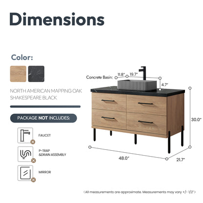 Trento 48A" Single Sink Bath Vanity in North American Oak with Black Sintered Stone Top and Rectangular Concrete Sink