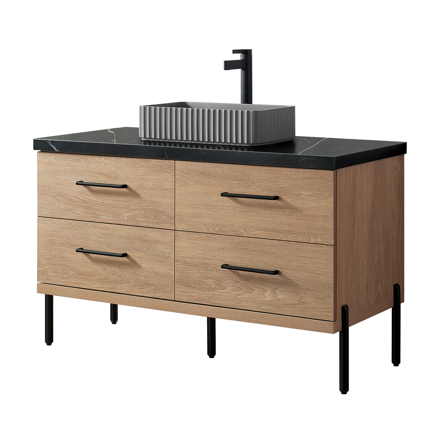 Trento 48B" Single Sink Bath Vanity in North American Oak with Black Sintered Stone Top and Circular Concrete Sink