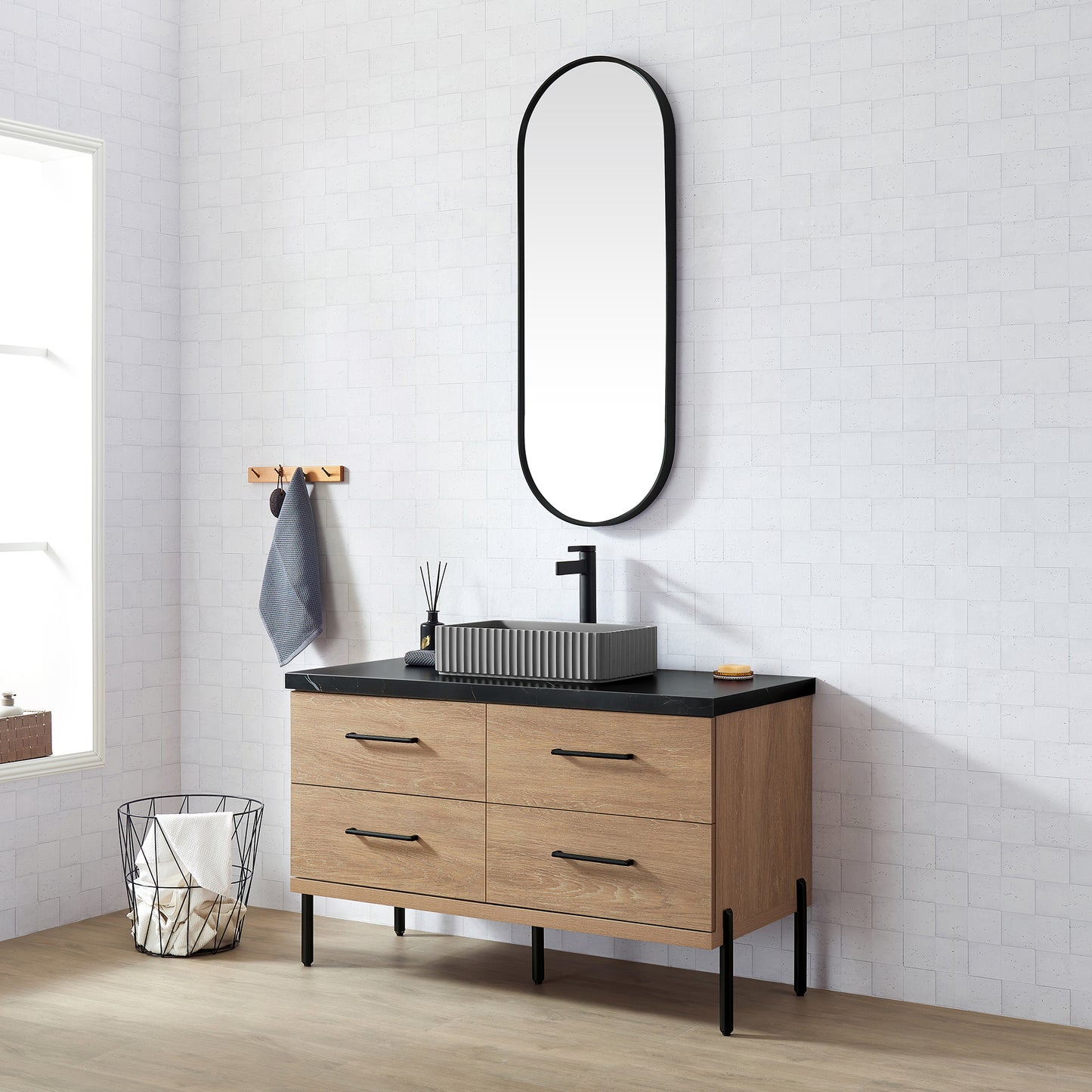 Trento 48A" Single Sink Bath Vanity in North American Oak with Black Sintered Stone Top and Rectangular Concrete Sink