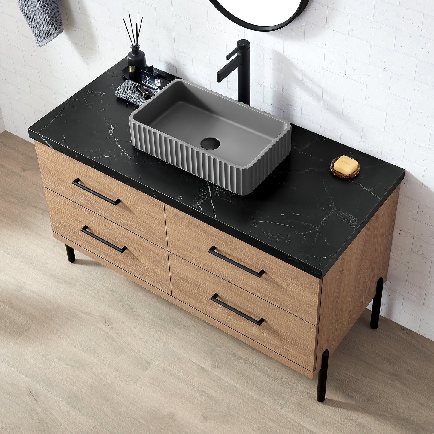 Trento 48A" Single Sink Bath Vanity in North American Oak with Black Sintered Stone Top and Rectangular Concrete Sink