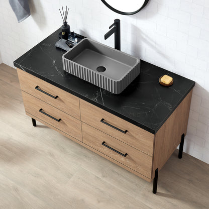 Trento 48A" Single Sink Bath Vanity in North American Oak with Black Sintered Stone Top and Rectangular Concrete Sink