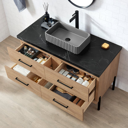 Trento 48A" Single Sink Bath Vanity in North American Oak with Black Sintered Stone Top and Rectangular Concrete Sink