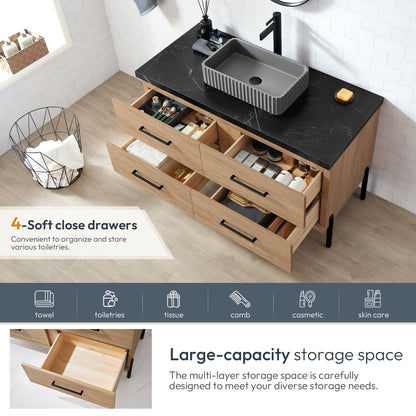 Trento 48A" Single Sink Bath Vanity in North American Oak with Black Sintered Stone Top and Rectangular Concrete Sink