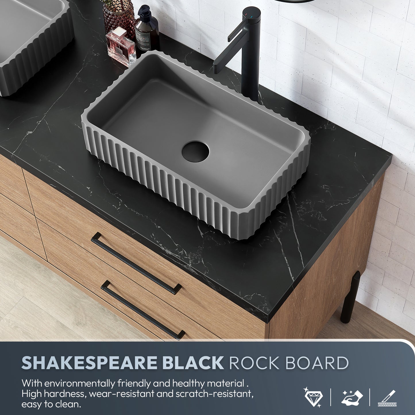 Trento 48A" Single Sink Bath Vanity in North American Oak with Black Sintered Stone Top and Rectangular Concrete Sink