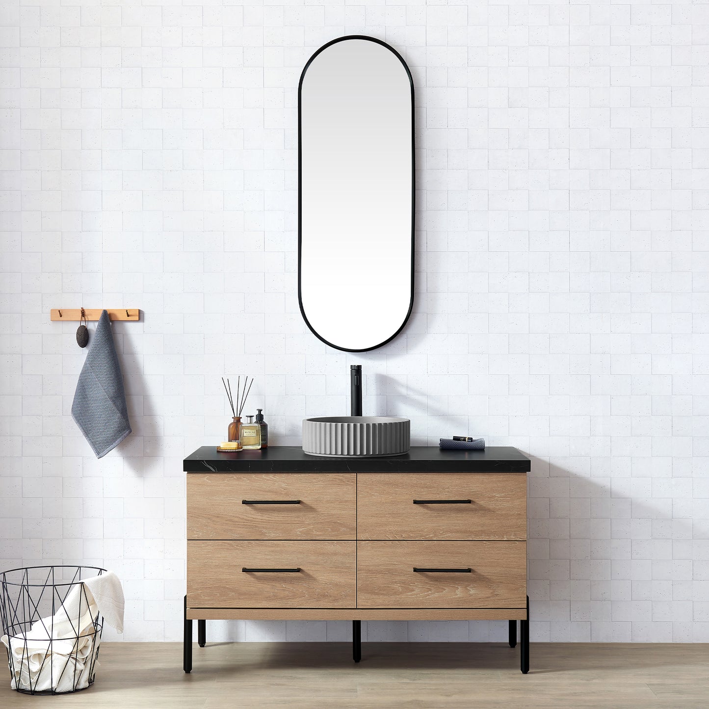 Trento 48B" Single Sink Bath Vanity in North American Oak with Black Sintered Stone Top and Circular Concrete Sink
