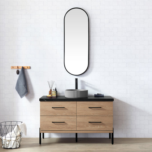 Trento 48B" Single Sink Bath Vanity in North American Oak with Black Sintered Stone Top and Circular Concrete Sink