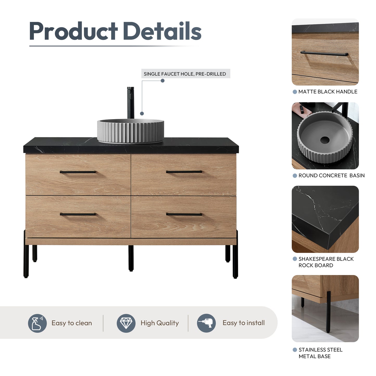 Trento 48B" Single Sink Bath Vanity in North American Oak with Black Sintered Stone Top and Circular Concrete Sink