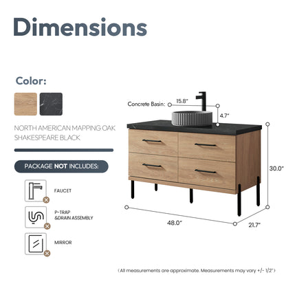 Trento 48B" Single Sink Bath Vanity in North American Oak with Black Sintered Stone Top and Circular Concrete Sink