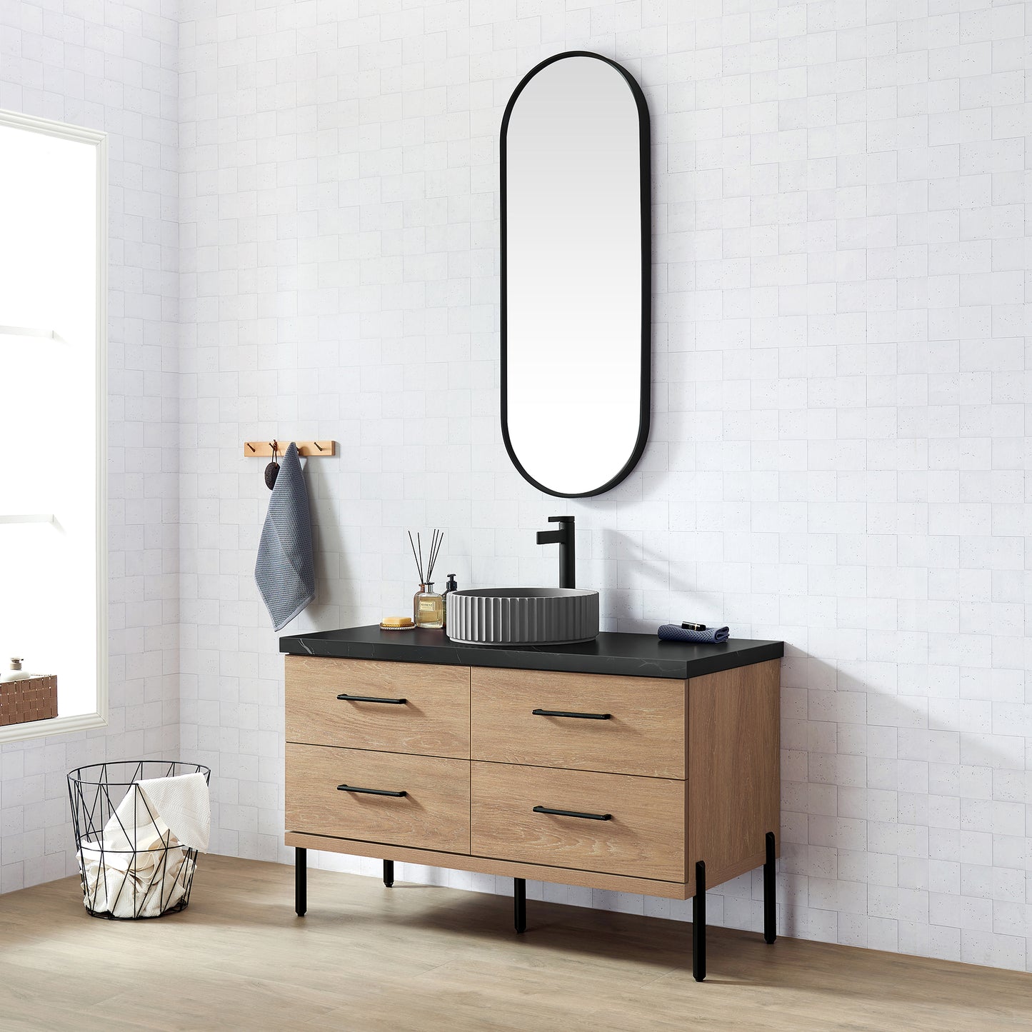 Trento 48B" Single Sink Bath Vanity in North American Oak with Black Sintered Stone Top and Circular Concrete Sink