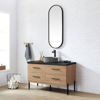 Trento 48B" Single Sink Bath Vanity in North American Oak with Black Sintered Stone Top and Circular Concrete Sink