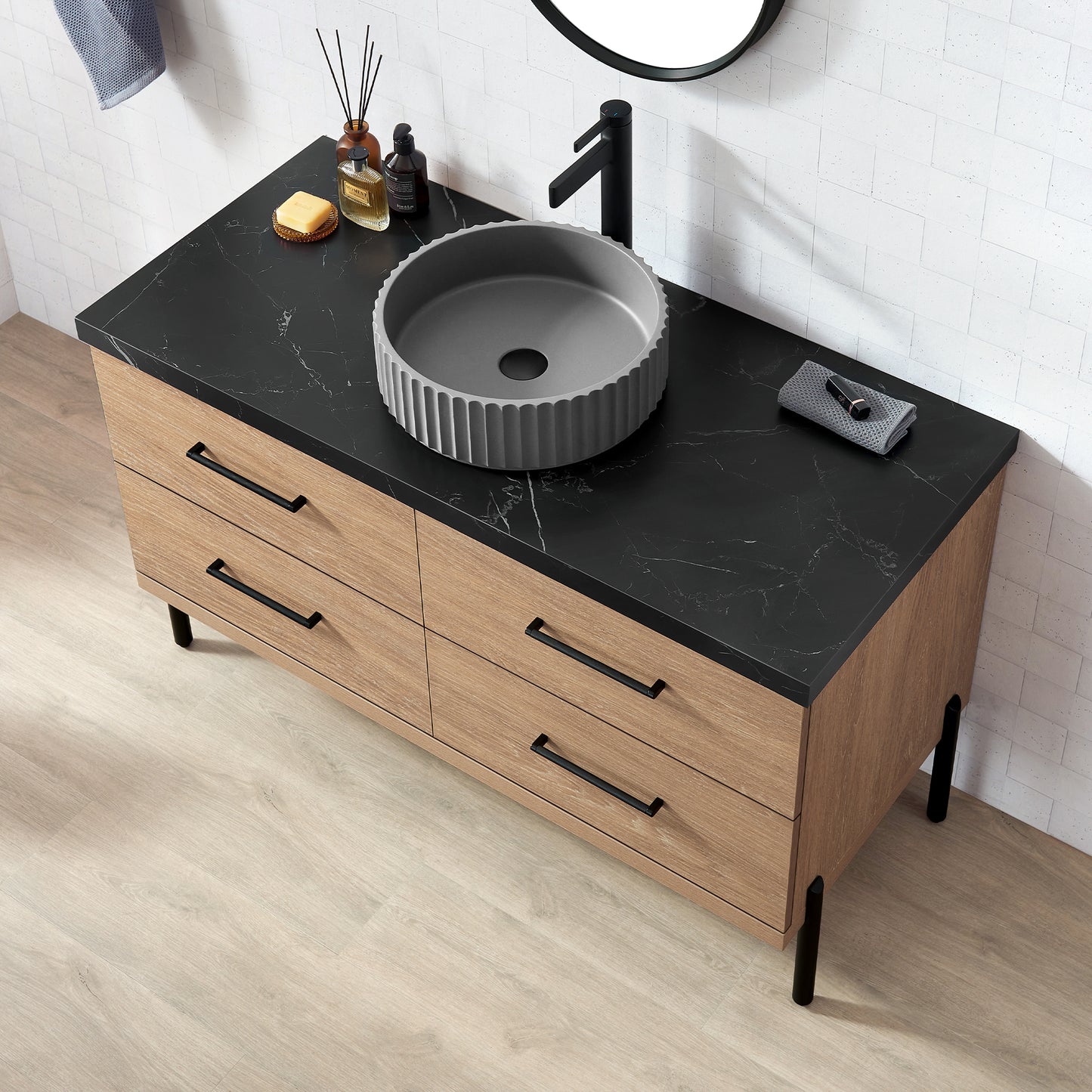 Trento 48B" Single Sink Bath Vanity in North American Oak with Black Sintered Stone Top and Circular Concrete Sink