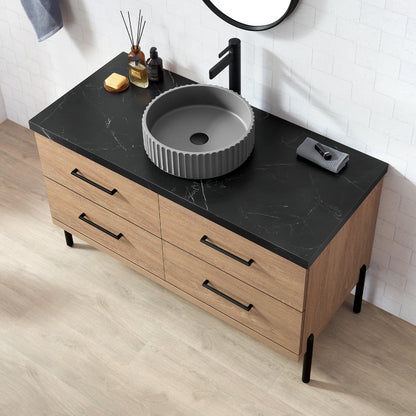 Trento 48B" Single Sink Bath Vanity in North American Oak with Black Sintered Stone Top and Circular Concrete Sink