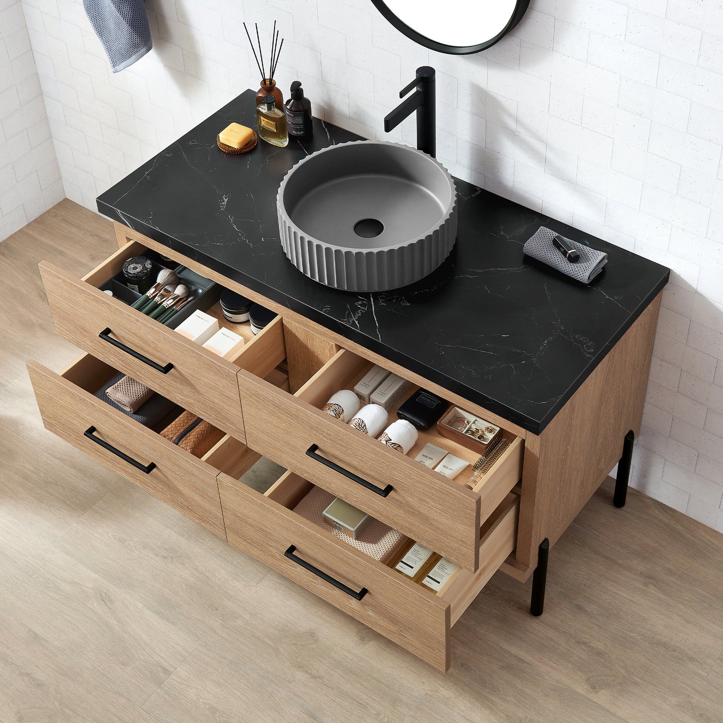 Trento 48B" Single Sink Bath Vanity in North American Oak with Black Sintered Stone Top and Circular Concrete Sink