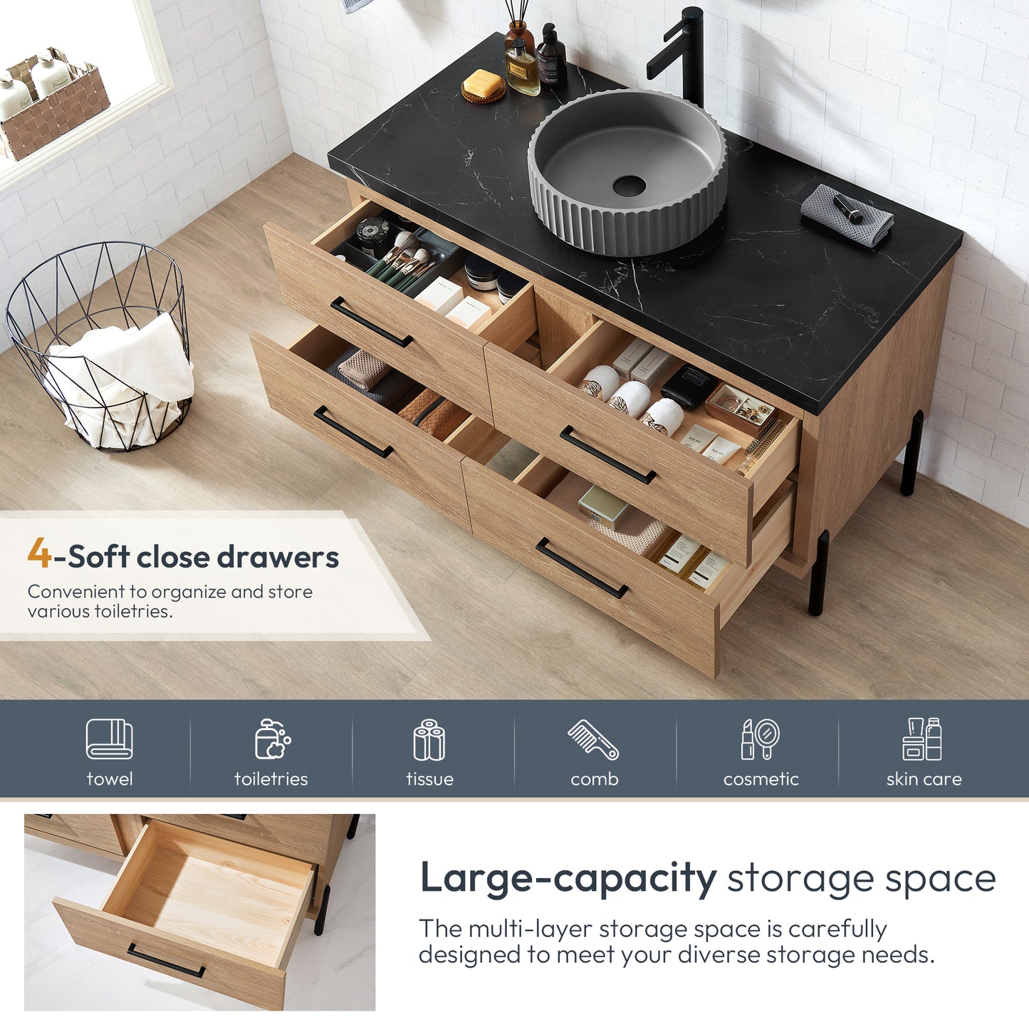 Trento 48B" Single Sink Bath Vanity in North American Oak with Black Sintered Stone Top and Circular Concrete Sink