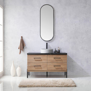 Open image in slideshow, Trento 48&quot; Single Vanity in North American Oak with Black Sintered Stone Top with Circular Concrete Sink
