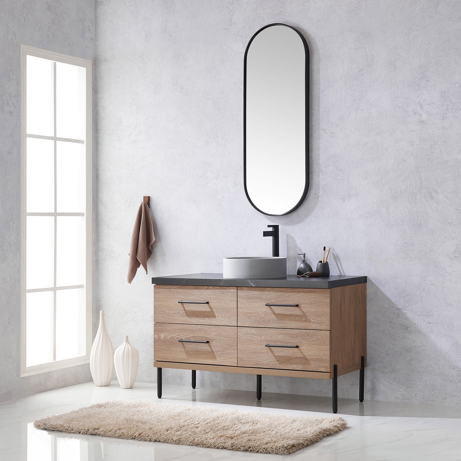 Trento 48" Single Vanity in North American Oak with Black Sintered Stone Top with Circular Concrete Sink