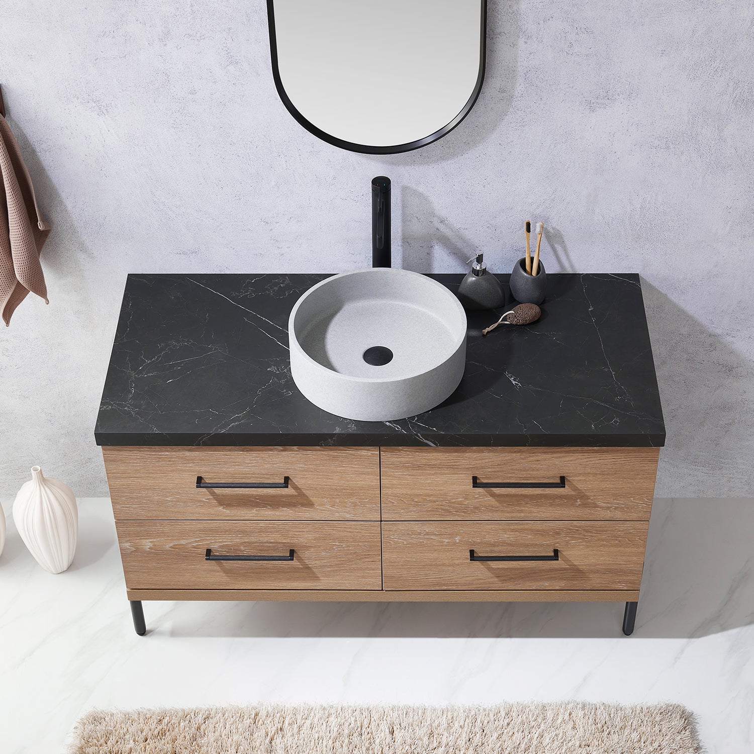 Trento 48" Single Vanity in North American Oak with Black Sintered Stone Top with Circular Concrete Sink